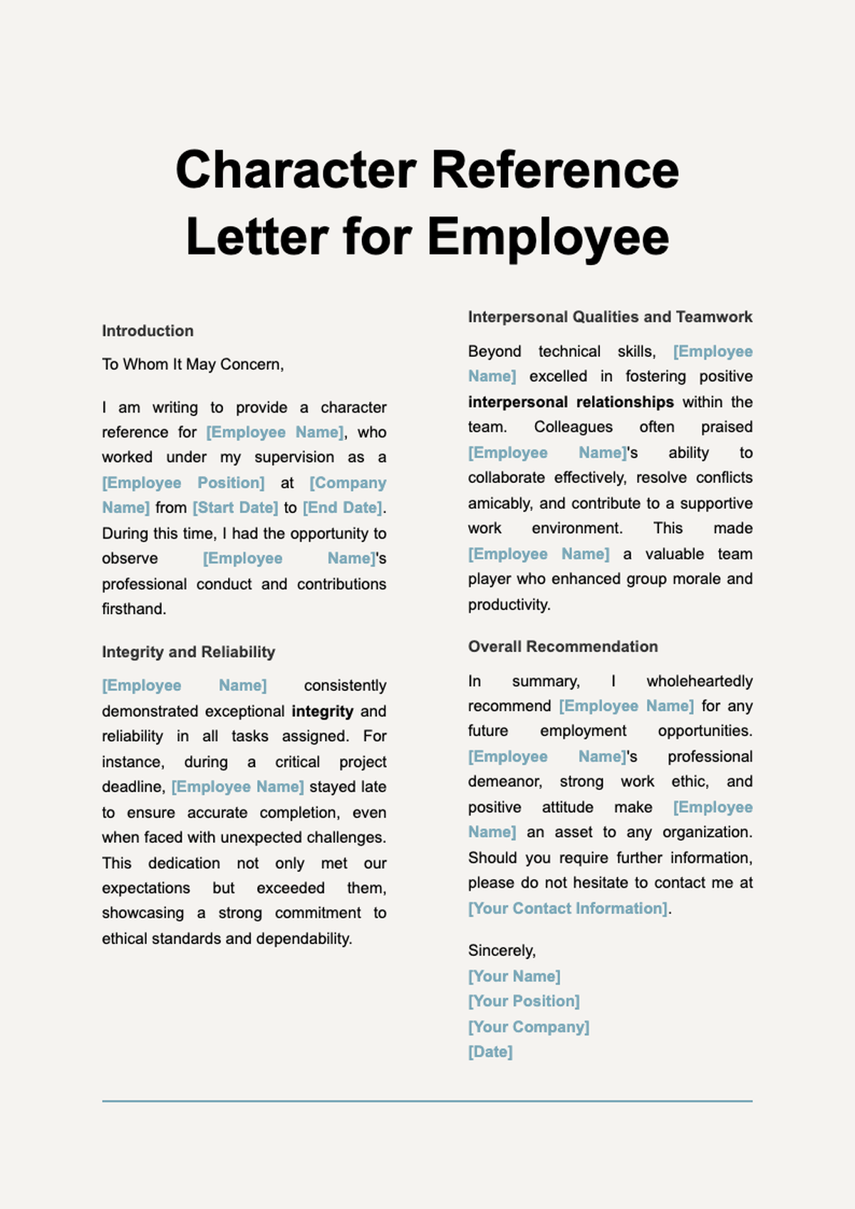 Body of character reference letter template with placeholder text_variant_2